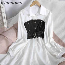 Kimutomo Fashion Denim Stitching Shirt Dress Women Turn-down Collar Long Sleeve Breasted Sashes Vestido De Mujer Elegant 210521