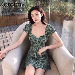 Korobov New Arrival Korean Summer Women Dress Vintage Puff Sleeve Short Sleeve Female Dresses Button Robe Femme 2a556 210430