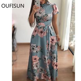 Women Summer Dress Boho Floral Print Long Casual Short Sleeve Bandage Maxi es Elegant Lady Party Robe Plus Size 5XL 210517