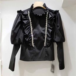 Spring Autumn fashion women's retro royal style stand collar puff long sleeve rhinestone patched plus size blouse shirt SMLXL