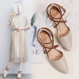 Big size 40 41 Women Shoes Heels Faux PU Leather Lace-up Pointed Toe Square Heel Sexy Narrow Band Ankle Strap Women Pumps 210520