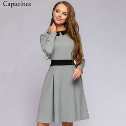 Capucines Ladies Fashion Splicing Sashes Autumn Dress Women Casual Peter pan Collar Long Sleeve A-Line Mini Party Dresses femme 210320