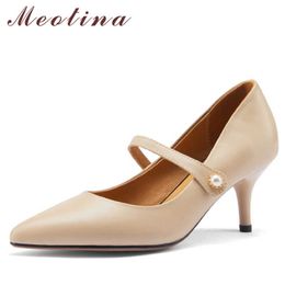Meotina Mary Janes Shoes Women Genuine Leather High Heels Stiletto Heel Shoes Pointed Toe Pumps Office Ladies Footwear Black 43 210608