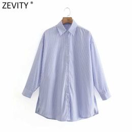 Zevity Women Vintage Striped Print Side Split Shirts Office Ladies Long Sleeve Business Blouse Chic Breasted Blusas Tops LS9174 210603