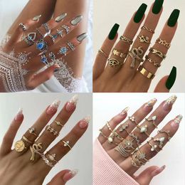 Bohemian Crown Star Moon Ring Set Suitable for Women Fashion Crystal Lotus Geometry Lady Ring Jewelry Halloween
