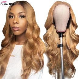 Ishow 14-40inch HD Transparent Lace Front Wig Human Hair Wigs 13x4 13x6 5x5 4x4 Brown Colour 27# 350 Straight Curly Water Loose Deep Body Headband Wig Bangs for Women