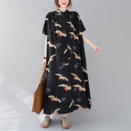 Johnature Summer Retro Fashion Print Stand Single Breasted Shirt Dresses Korean Loose Comfortable Women Plus Size Dress 210521