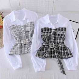 Women New Plaid Shirt Female Autumn Korean Loose Long-sleeved Stitching Fake Two-piece Blouse Turn-Down Collar Top Female GX1145 210323