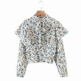 Women Floral Print Cascading Ruffle Shirt Casual Femme Stand Collar Bow Tie Long Sleeve Blouse Lady Loose Tops Blusas S8118 210430