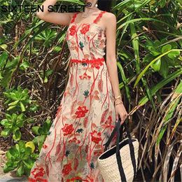 Summer woman mesh dress spaghetti strap sleeveless floral embroidery condole long belt dresses for female 210603