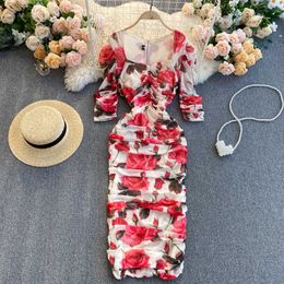 Bohemian Women Flower Printed Pleated Bodycon Dress Female Elegant High Waist Draped Vestidos Spring Autumn Lady Robe Fashion Y0603