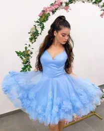 Handmade Flowers Tulle A Line Homecoming Dresses Spaghetti Straps Zipper Back Short Prom Dress Cocktail Party Graduation Vestidos M74