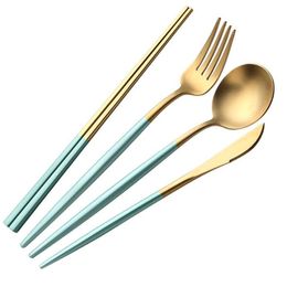 Stainless Steel Cutlery Sets Solid Fork Knife Spoon Chopsticks Dinnerware Set European Dinner suit Western Eastern Tableware KKB7105