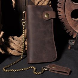 Genuine Leather Wallet Clutch Bag Crazy Horse Leather Men Wallet Male Purse Long Style Money bag Chain