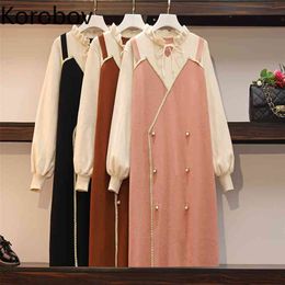 Korobov Elegant Ruffled Collar Long Sleeve Women Dress Korean Hit Colour Patchwork Double Breasted Dresses Vestidos 79605 210430