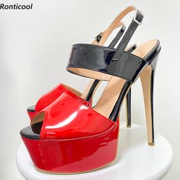 Rontic Women Platform Slingback Sandals Patent Sexy Stiletto High Heels Peep Toe Beautiful Red Fuchsia Shoes US Size 5-20