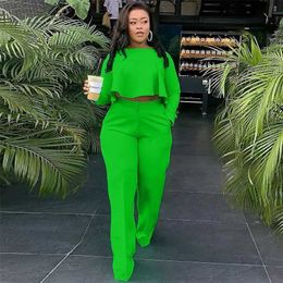 Women Sets Solid Colour Tracksuits Fall Winter Outfits Long Sleeve Crop Top+Wide Leg Pants Two Piece Set Plus Size Sportswear 211126