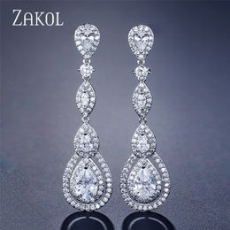 ZAKOL Luxury Water Drop Pear Cubic Zircon Long Dangles Elegant Earrings for Women Bridal Wedding Jewelry Dress FSEP2114 210317
