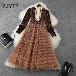 Women Elegant Spring Cascading Ruffle Velvet Patchwork Mesh Dress Long Sleeve Vintage Robe Femme Midi Celebrity Party Vestidos 210601