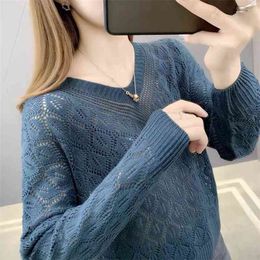 Spring and autumn women's blouse V-neck bottoming all-match sweater summer thin section hollow knit 210427