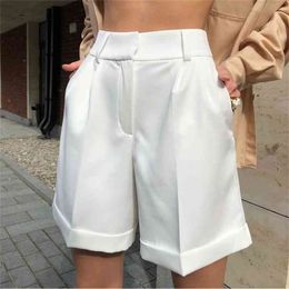 High Waist Shorts Women's Summer Elegant Soft Solid Colour Loose with Pockets for Ladies Casual Short Femme Trousers 210719