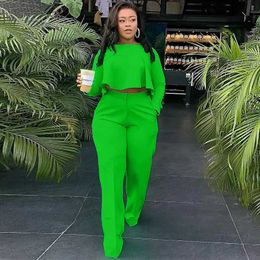 Women Sets Solid Color Tracksuits Fall Winter Outfits Long Sleeve Crop Top+Wide Leg Pants Two Piece Set Plus Size Sportswear 210930