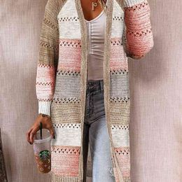 Cardigan Coat Womens Colour Block Striped Sweater Casual Long Women Warm Sweater Knitted Female Loose Sweater Winter 210917