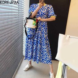 Korejpaa Women Dress Summer Korean Chic Girls Fresh Round Neck Full Screen Flower Design Loose Puff Sleeve Floral Vestidos 210526