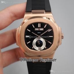 2022 5726 Annual Calendar Moon Phase Automatic Mens Watch Rose Gold Black Silver Textured Dial Stick Markers Rubber Strap 8 Styles Watches Puretime01 E18RB-d4