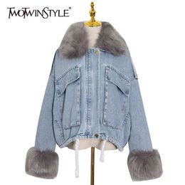 TWOTWINSTYLE Blue Casual Patchwork Fluff Denim Jacket For Women Lapel Long Sleeve Thick Coats Female Clothing Winter Fashion 210517