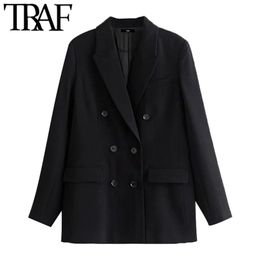 TRAF Women Fashion Double Breasted Black Blazer Coat Vintage Long Sleeve Pockets Female Outerwear Chic Veste Femme 211006