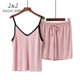 Jocoo Jolee Women Summer Loose Sleeveless Casual Pleated Tops and Elastic Waist Solid Lace Up Ice Silk Shorts 2 Pieces Set 210518