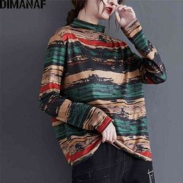 DIMANAF Plus Size Women T-Shirt Long Sleeve Tops Tunic Tee Vintage Print Cotton Knitting Loose Winter tshirt Thin Women Clothing 210324