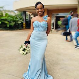 Light Blue Mermaid Bridesmaid Dresses One Shoulder Sleeveless 3D Flowers Plus Size Women Wedding Party Gowns Custom Made