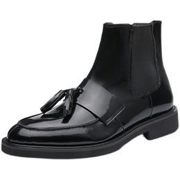 Pointed Winter Retro toe Black Men boots Friinge Handmade Genuine leather black Ankle Boots for men