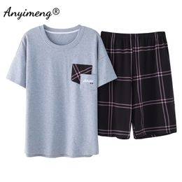 Young Men Pyjamas for Summer Soft Breathable Cotton Home Clothing Sets Pullover Plaid Bottoms Casual Youth Teenagers Lounge Wear 210812