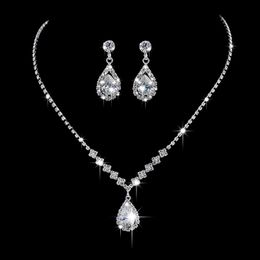 Pendant Necklaces Rhinestone Zircon Water Drop Necklace And Earring Set Bridal Earrings Silver Copper Jewelry