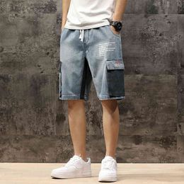 Men Denim Shorts Streetwear Elastic Waist Breeches Bermuda Male Big Pocket Casual Half Jean Summer Fashion Cargo