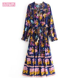 Bohemian female dress ethnic style summer women's longan positioning print hollow ruffled long sleeve dress Leisure 210507