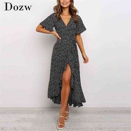 Vintage Printed Long Maxi Dress Women Summer Boho Beach Split V Neck Short Sleeve Ruffles Casual Warp es 210515
