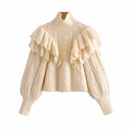 Women sweet solid ruffled knitted sweater long sleeve turtleneck elastic pullovers female cute stylish chic tops 210430