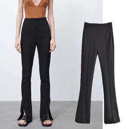 ZA 2021 Black Side Slit Flare Pants Women Summer Fashion Chic High Waisted Slim Long Pant Vintage Zipper Office Female Trousers Q0801