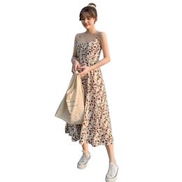 Summer Europe Floral Sling Dress Female Fashion Plus Size Slim A-line Korean Mid-length Women LR1041 210531