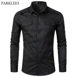 Black Cargo Shirt Men Long Sleeve Military Style Tactical Work Shirts Mens Cotton Casual Comfortable Travel Chemise Homme Camisa 210522