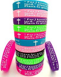 Whole 100PCS Assorted Colour Prayer Bible Cross Rubber Silicone Wristbands Jesus Christian Bracelets Lord's Charm Jewellery
