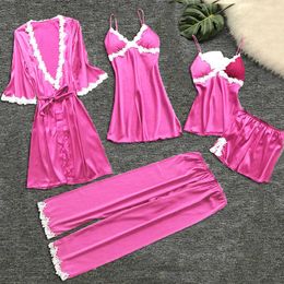 5PCS Female Sleepwear Set Pyjamas Set Satin Pyjamamas Sexy Solid Colour Nightwear Home Wear Nighty Robe Suit Lingerie Nightie Q0706