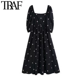 Women Chic Fashion Floral Embroidery Midi Dress Vintage Square Collar Elastic Trim Female Dresses Vestidos Mujer 210507