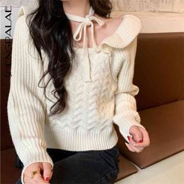 Autumn Women's Sweater Vintage All-match Ruffle Square Neck Lace Up Long Sleeve Knit Pullovers Trendy 5A103 210427