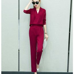 Two-piece women's jumpsuit Summer style lace long sleeve ladies jacket Casual slim-fit pants high quality 210527