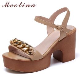 Meotina Women Shoes Genuine Leather Sandals Super High Heel Chain Sandals Round Toe Thick Heel Ladies Footwear Summer Apricot 210608